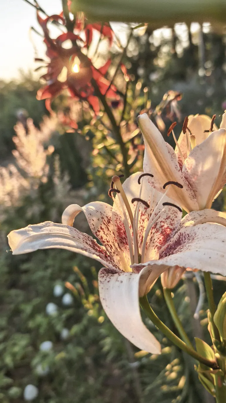 Speckled white lily backlit at golden hour, orange lily and garden foliage in the background